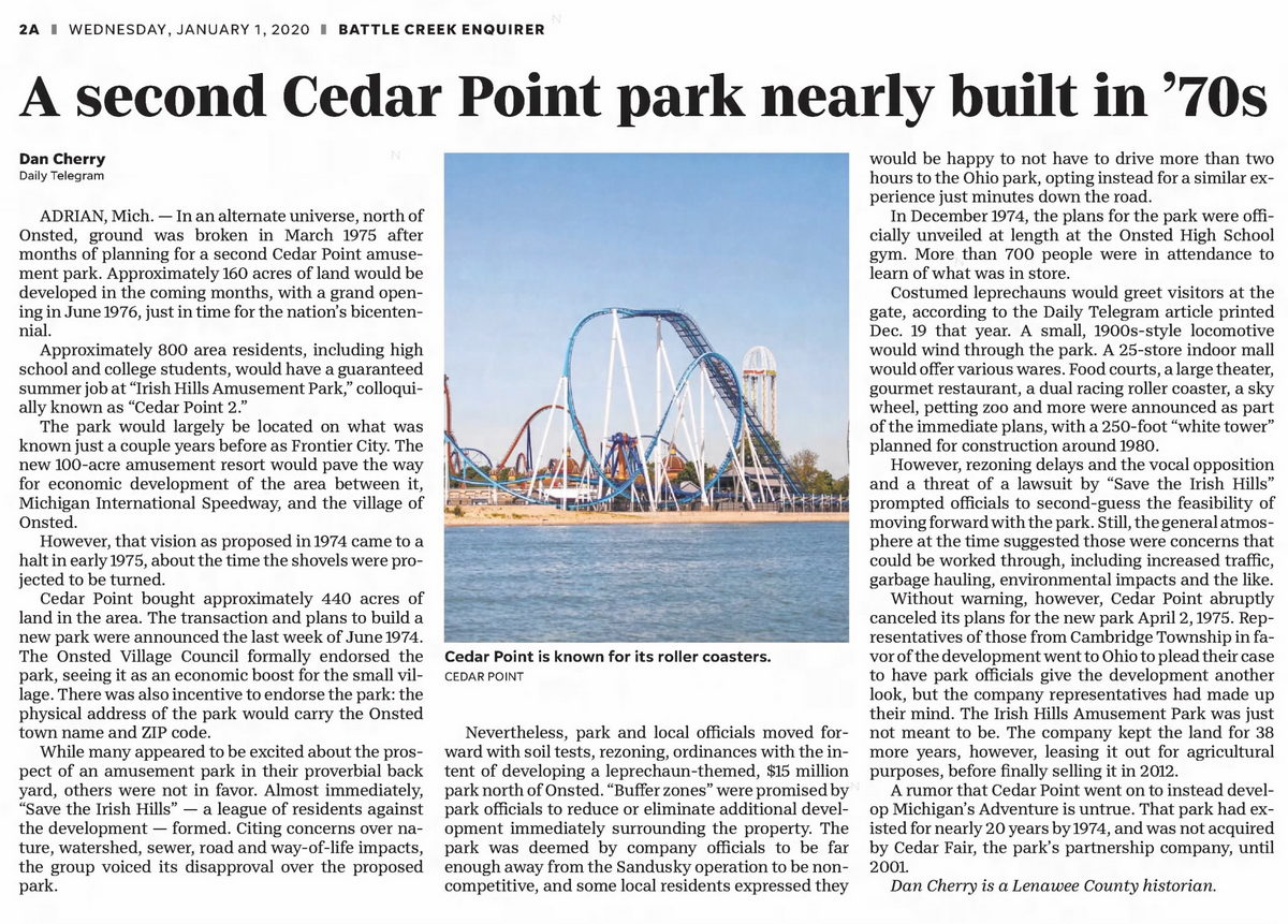 Cedar Point II, Irish Hills Amusement Park, Kingdom of Adventure, Little Michigan - Irish Hills Jan 2020 Article